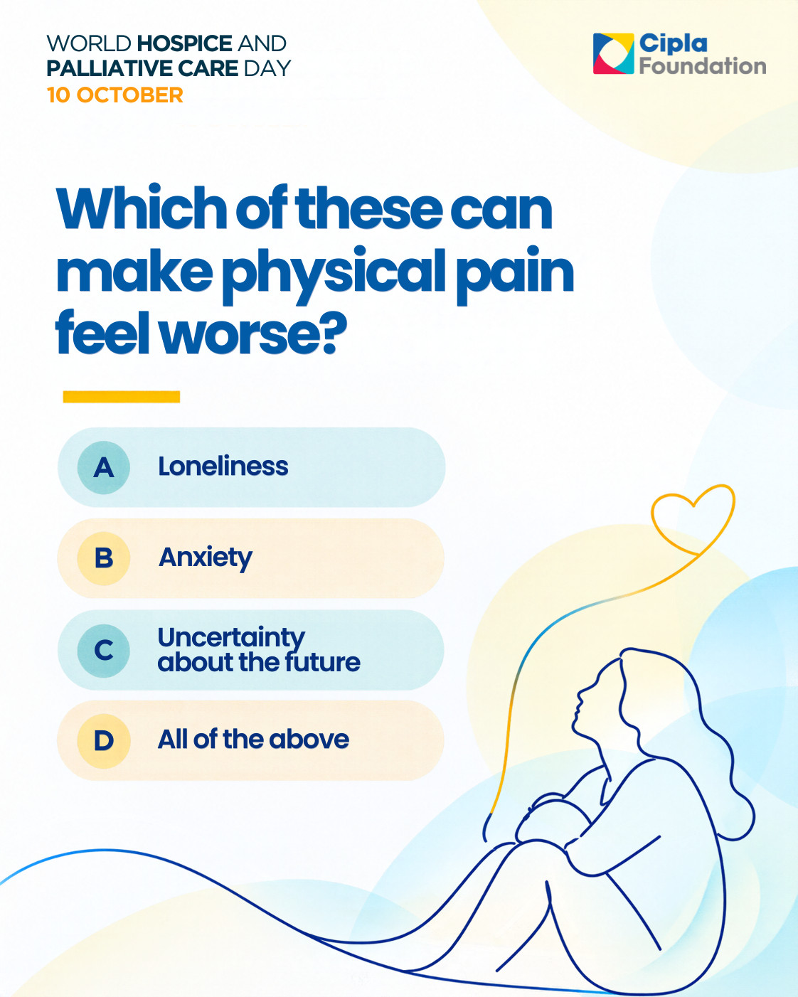 World Hospice and Palliative Care Day question: “Which of these can make physical pain feel worse?” Loneliness, anxiety, uncertainty about the future, or all of the above