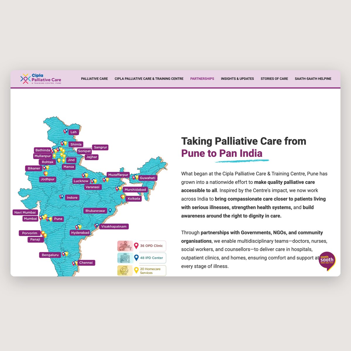 The Partnerships page: a map of India showing palliative care reaching from Pune to pan India