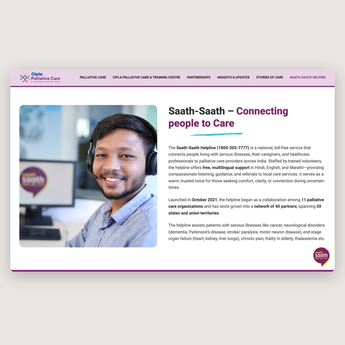 The Saath-Saath helpline page: connecting people to care