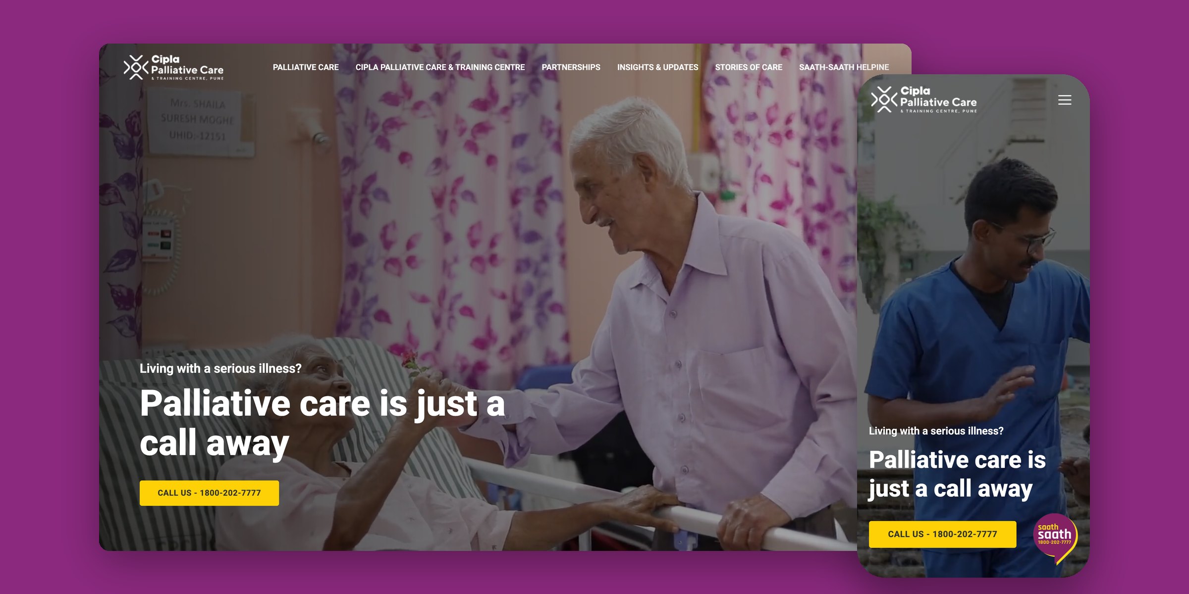 The Cipla Palliative Care homepage on desktop and mobile: “Palliative care is just a call away”