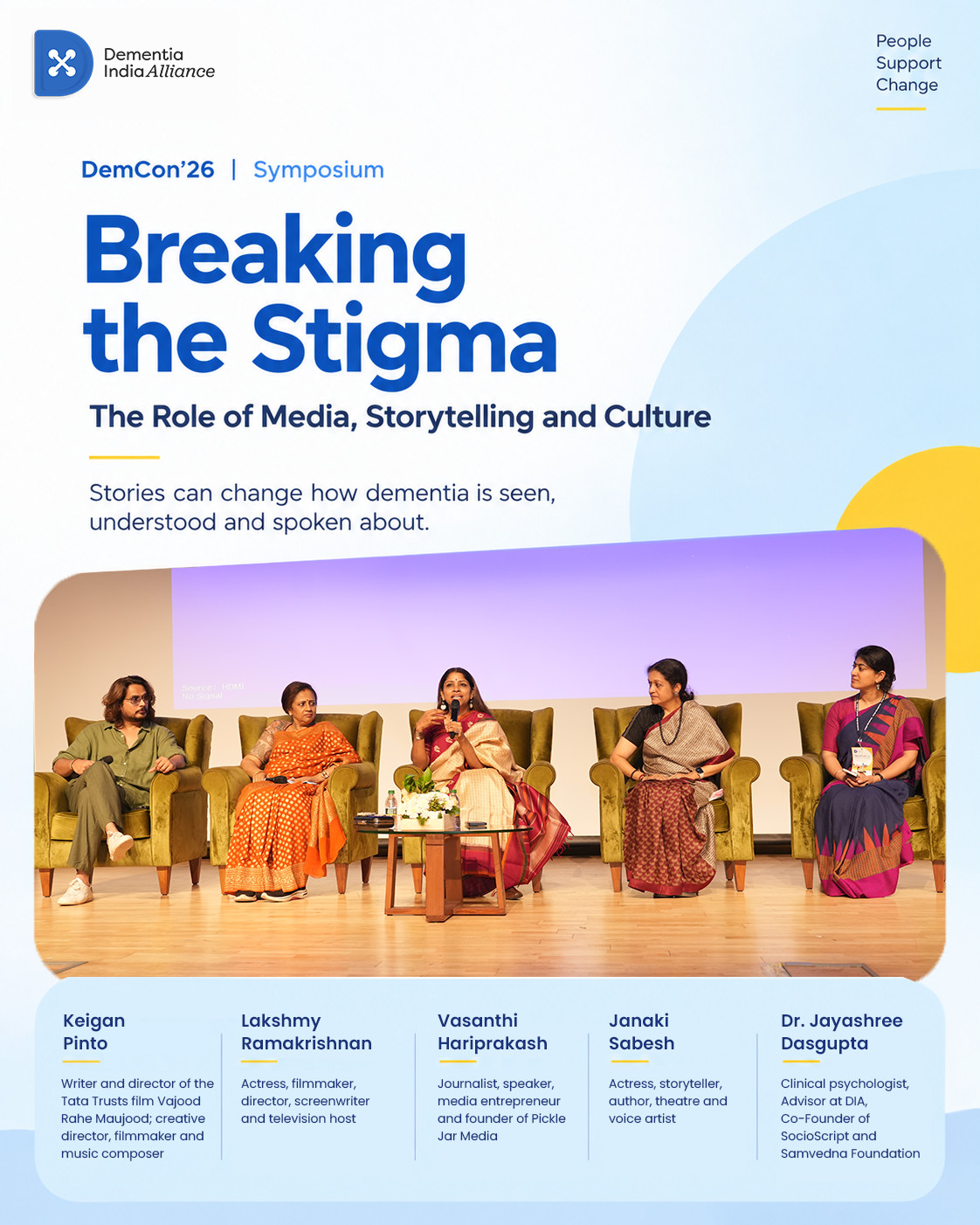 DemCon’26 symposium creative: “Breaking the stigma — the role of media, storytelling and culture”, with the panel of speakers