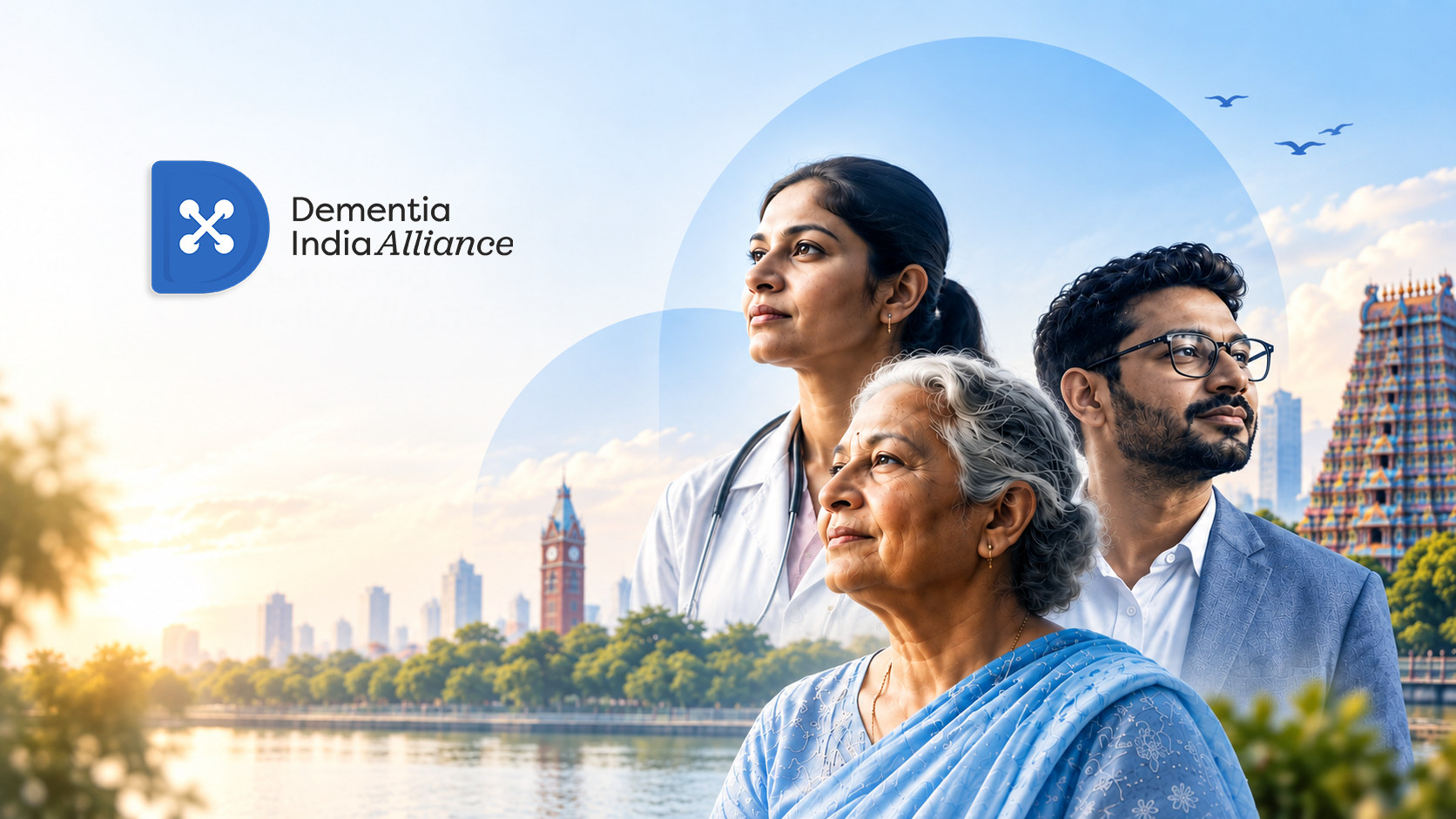 Dementia India Alliance: a doctor, an older woman and a younger man looking ahead, set against an Indian cityscape