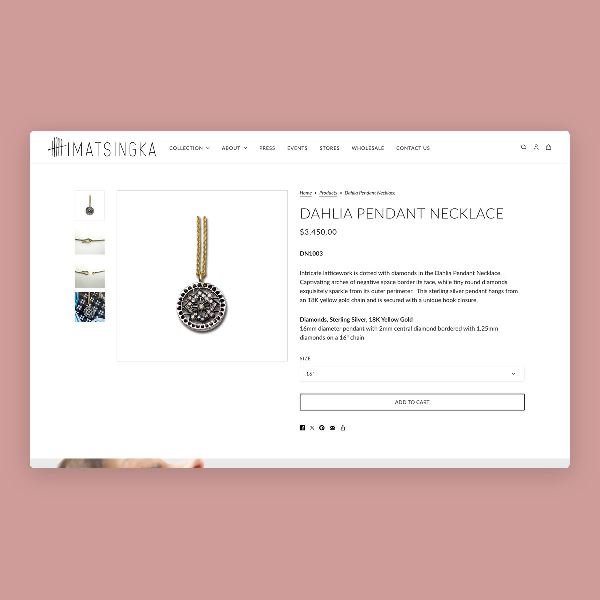 The Dahlia Pendant Necklace product page, with its image gallery, details and Add to Cart
