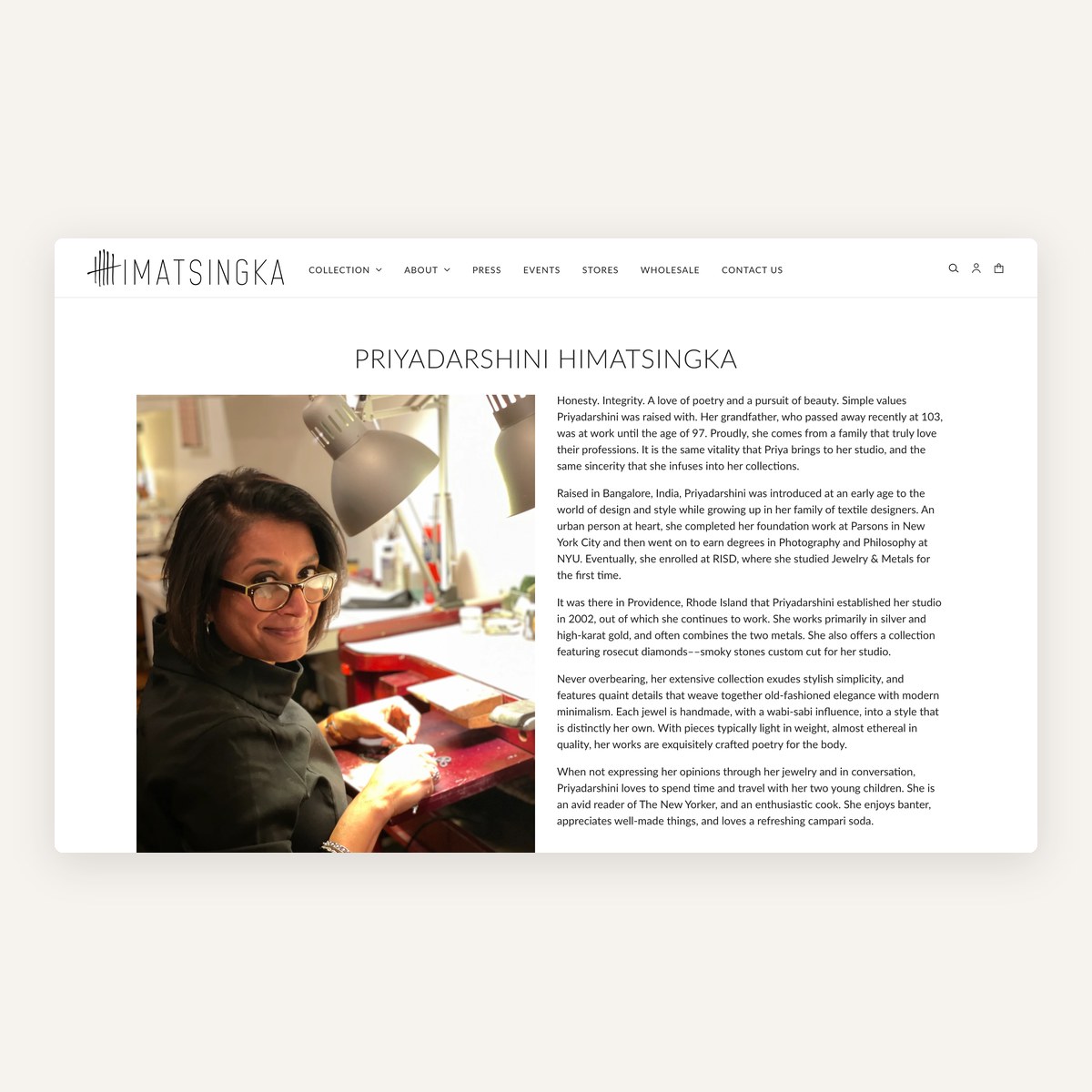 The Meet Priya Himatsingka page: the designer in her studio and her story