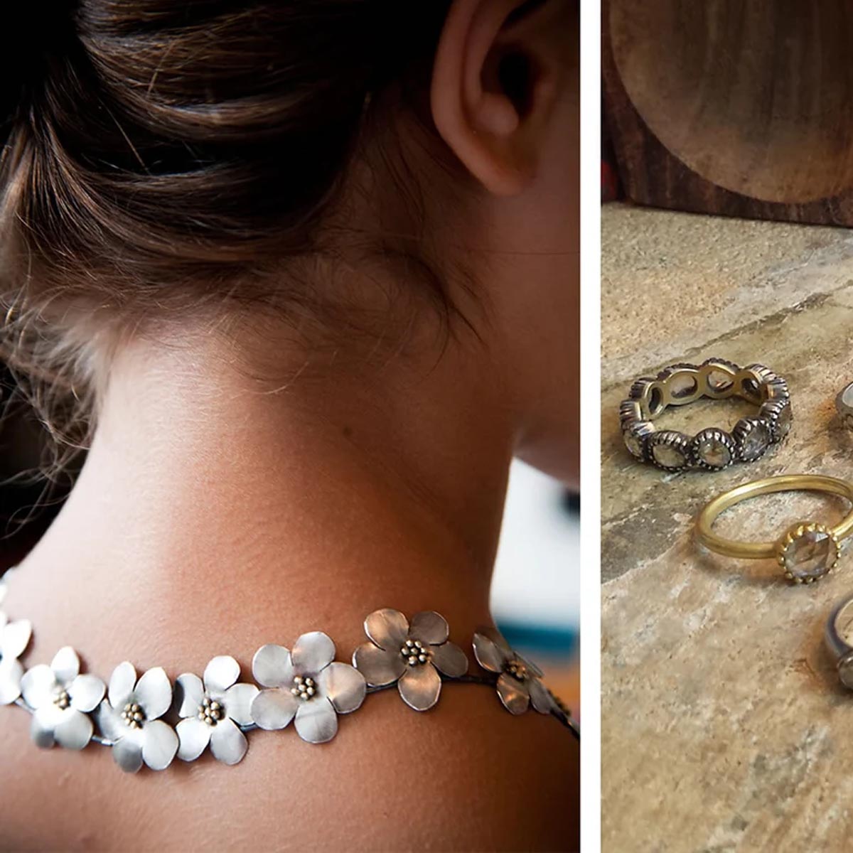 The Methods + Materials page: silver leaf forms, pearls and handwork in the studio