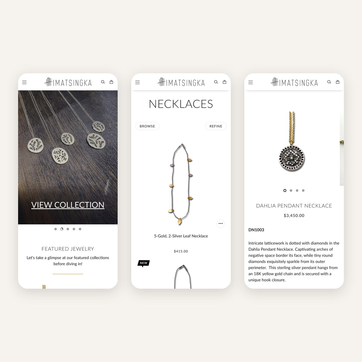 Shopping on mobile: the homepage, the Necklaces collection and a product page
