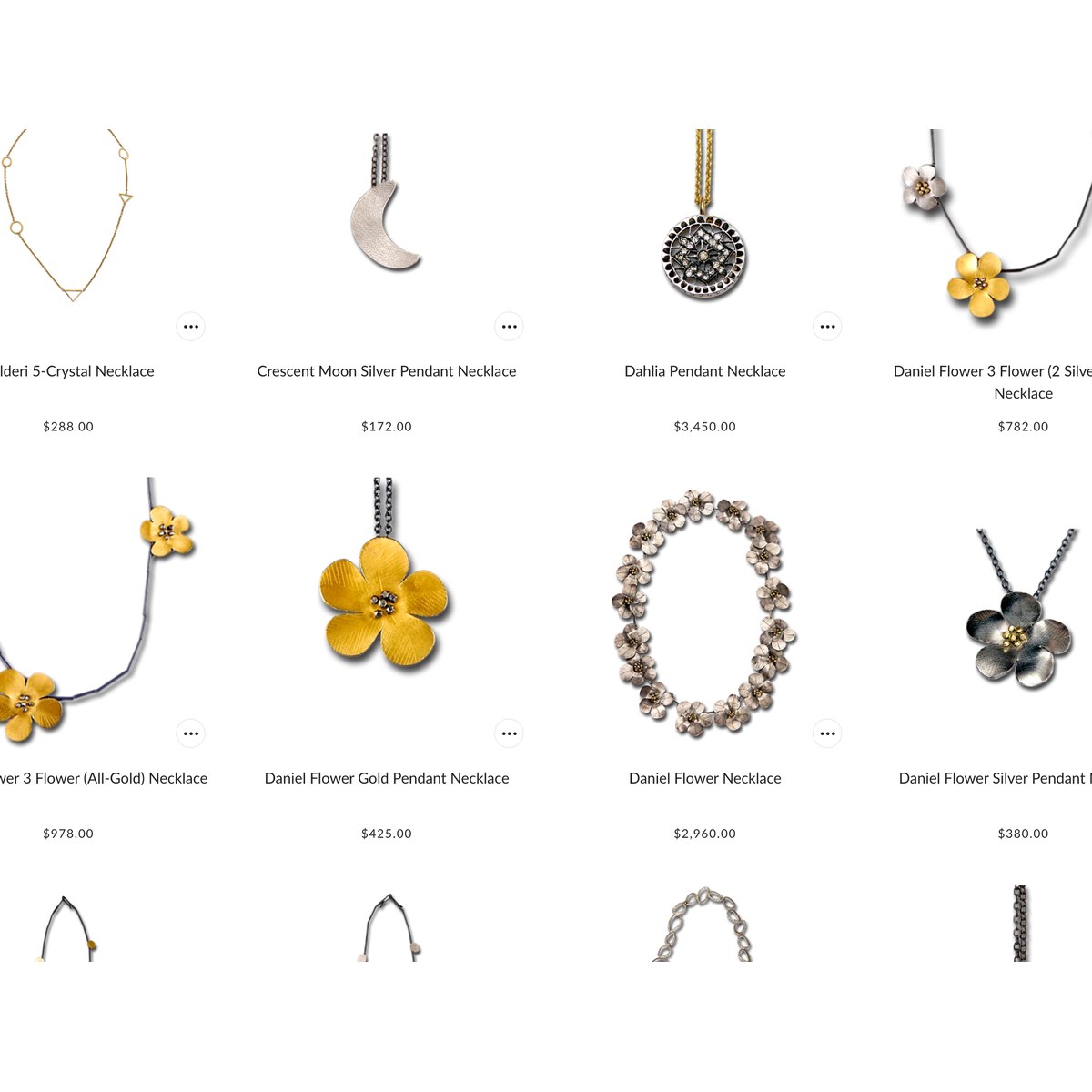The Necklaces collection: a grid of silver and gold necklaces with prices