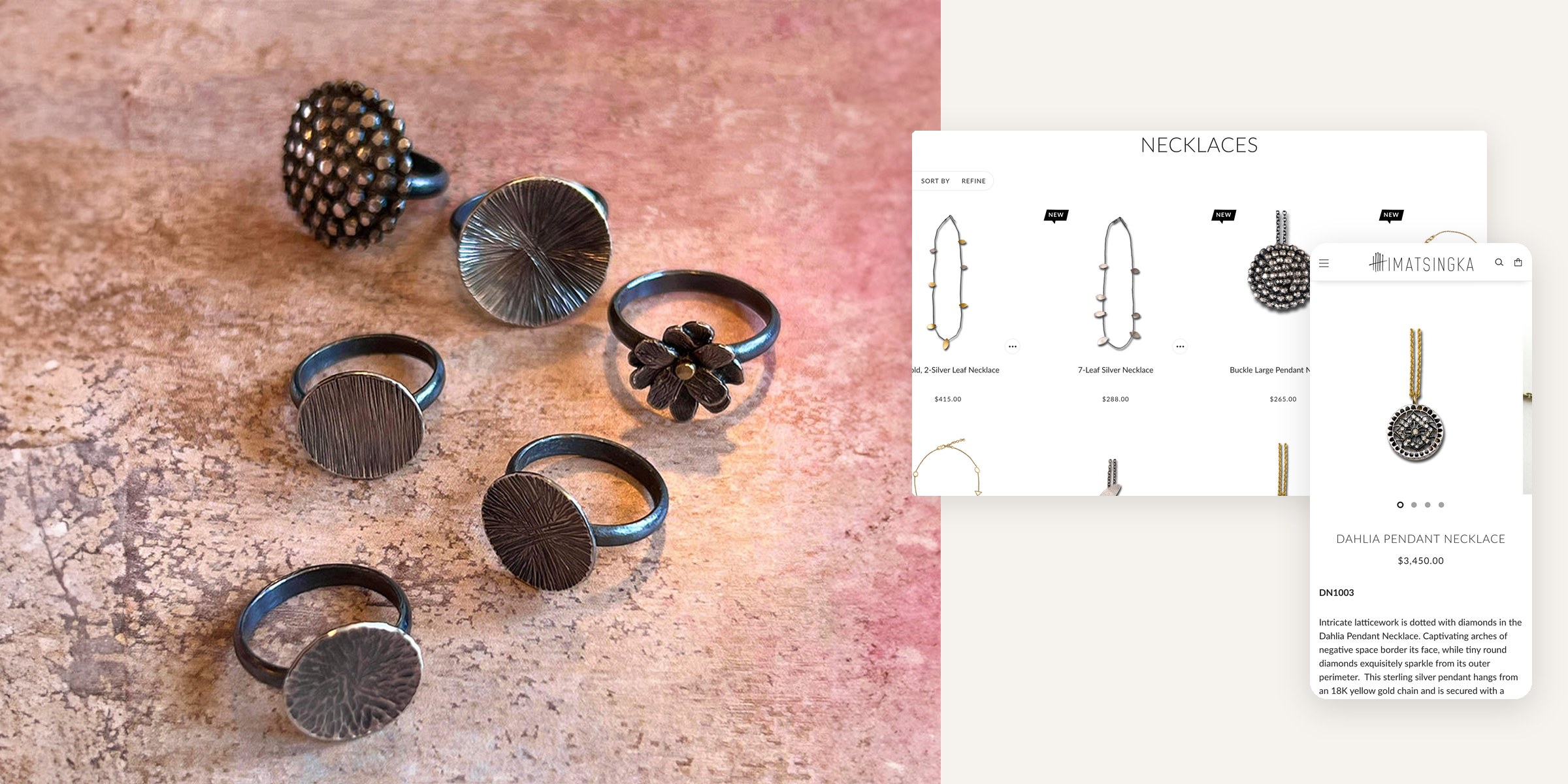 Himatsingka oxidised silver rings on rose stone, beside the Necklaces collection and the Dahlia Pendant Necklace product page
