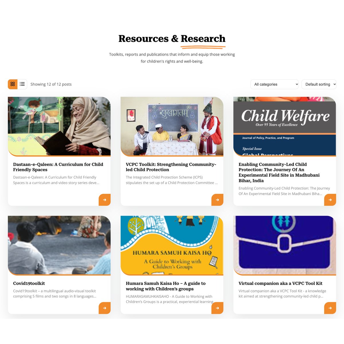 The Knowledge Hub: Resources & Research, a filterable grid of toolkits, reports and guides