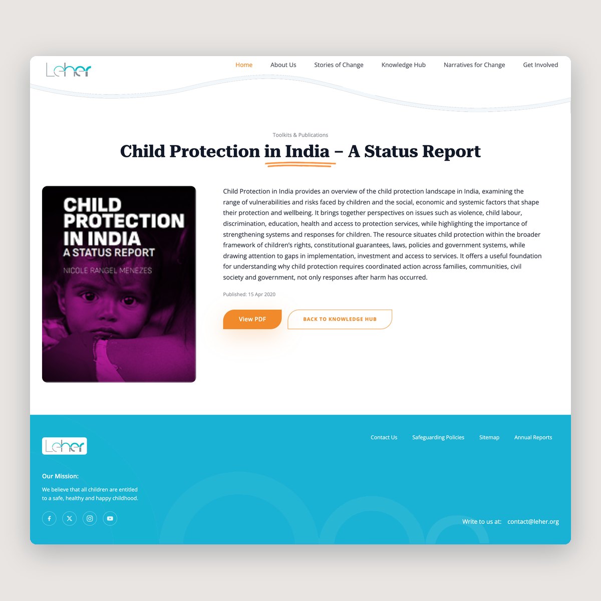 A resource page: “Child Protection in India – A Status Report”, with its cover, summary and View PDF