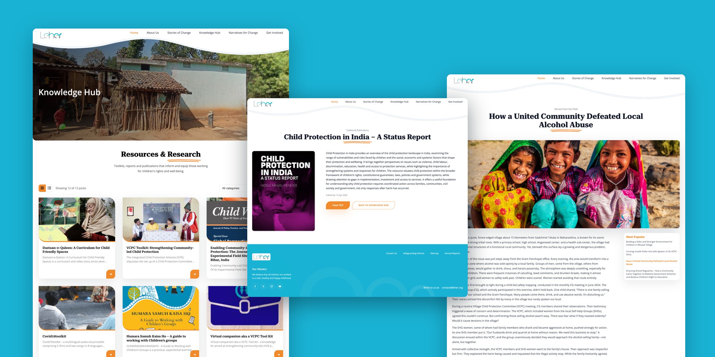 Leher website pages side by side: the Knowledge Hub, the “Child Protection in India” status report page and a Stories of Change article