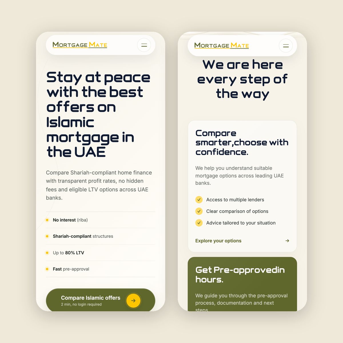 Two Mortgage Mate pages on mobile: Islamic mortgages and the step-by-step service