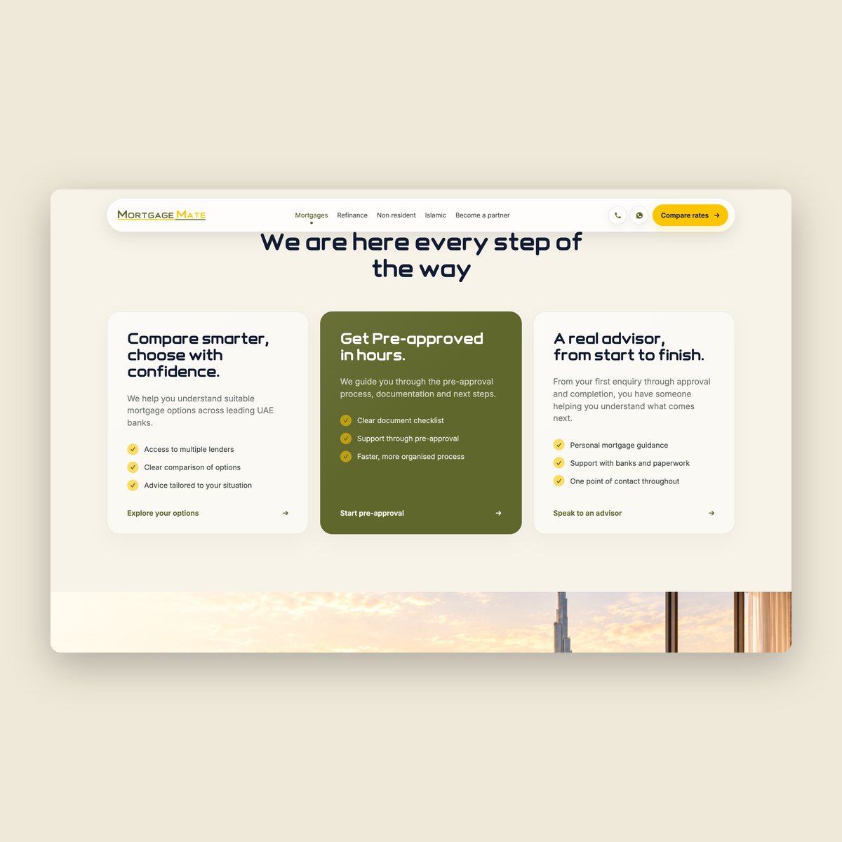 The “We are here every step of the way” section of the Mortgage Mate website