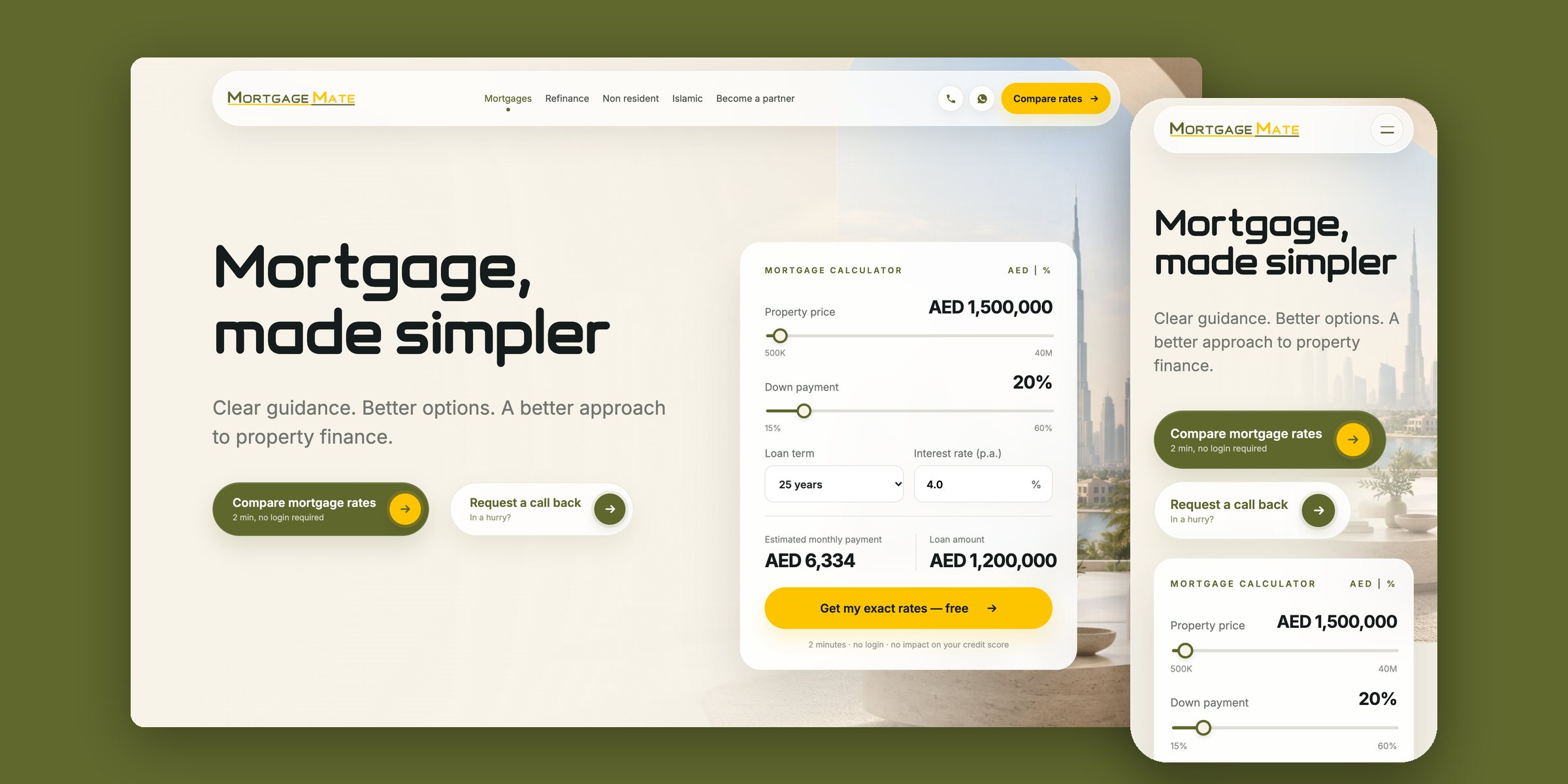 The Mortgage Mate homepage on desktop and mobile, with its mortgage calculator