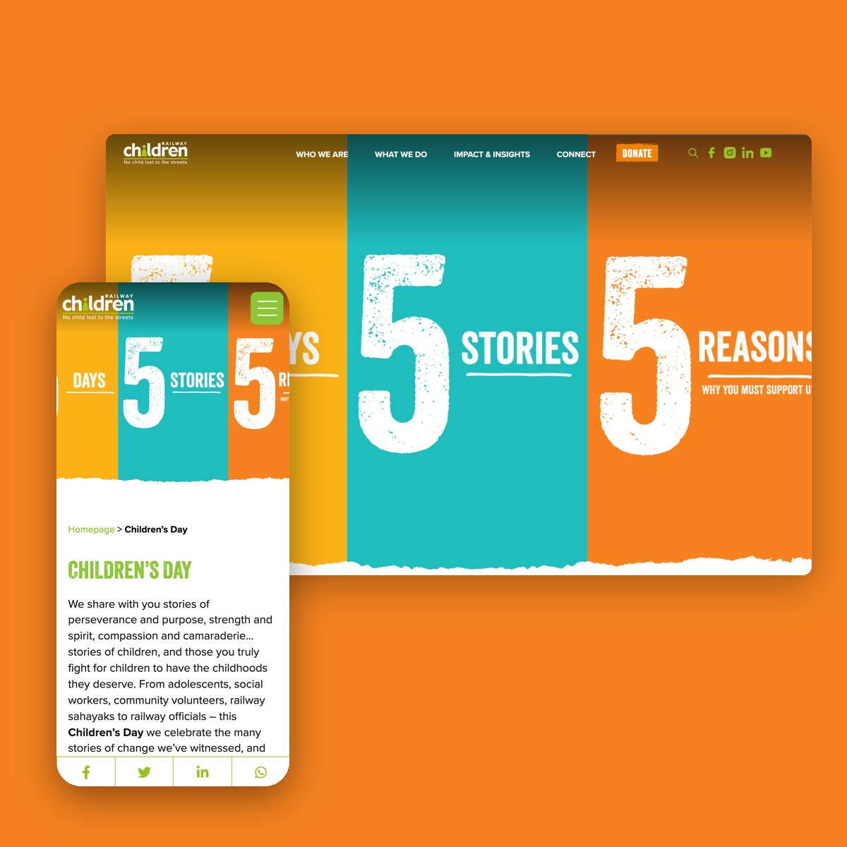 The Children’s Day campaign page — “5 days, 5 stories, 5 reasons” — on desktop and mobile