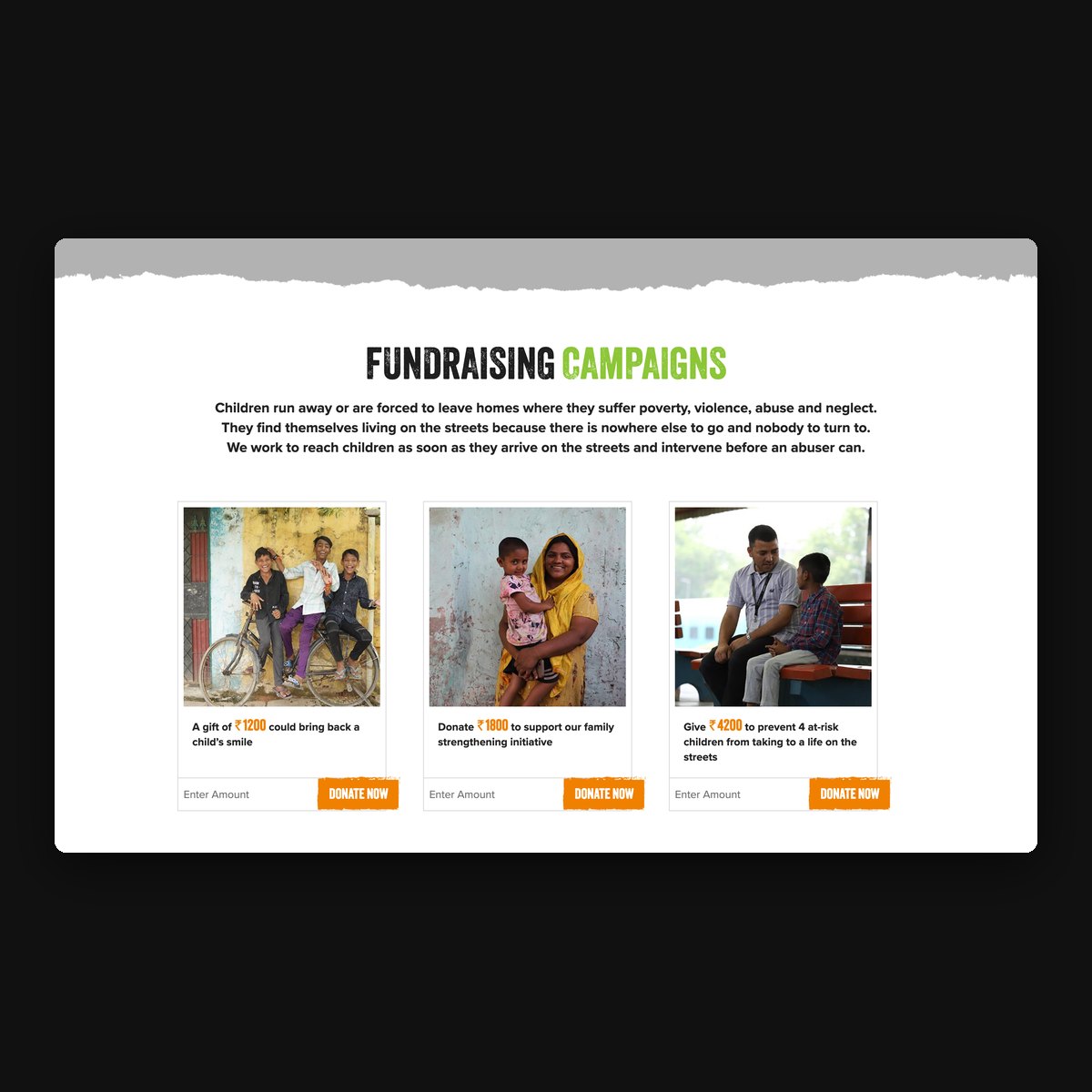 The Railway Children India homepage: its fundraising campaigns section