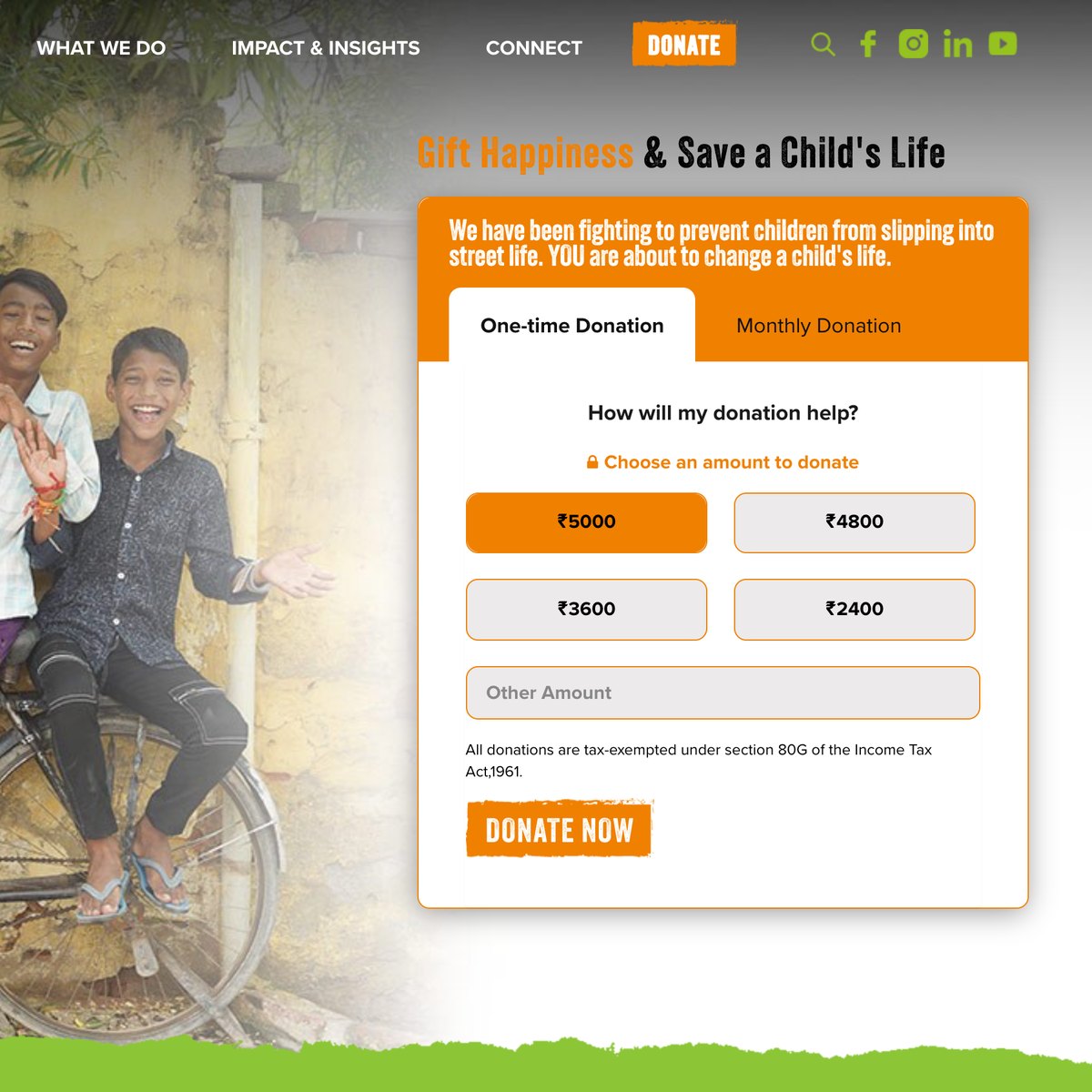 The Protect These Smiles campaign page: “Gift happiness & save a child’s life” with its one-time and monthly donation options