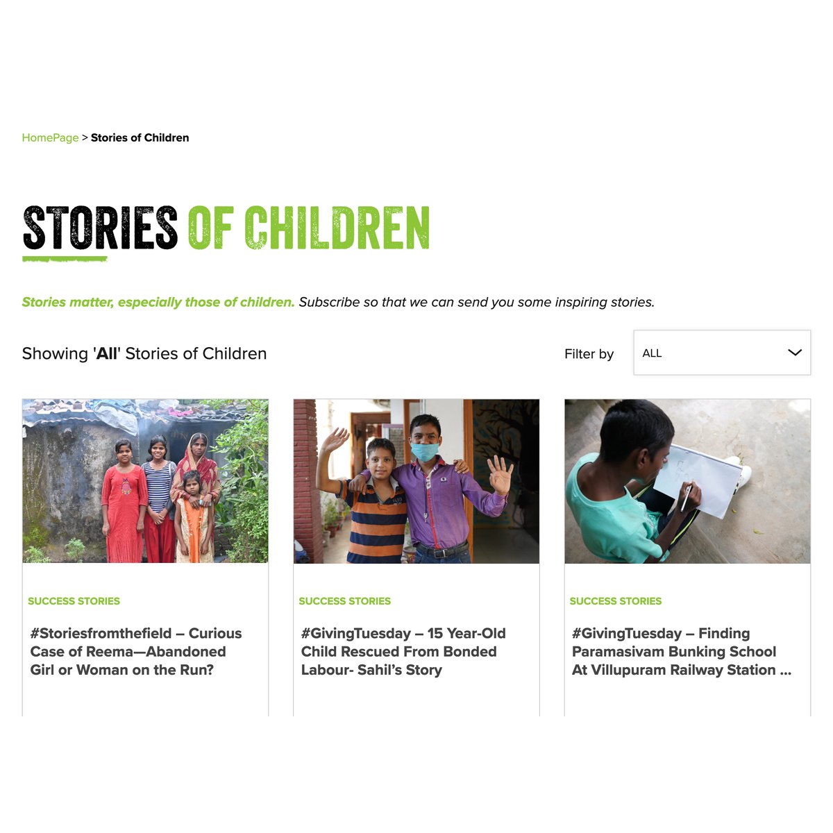 The Stories of Children page with its filterable story cards