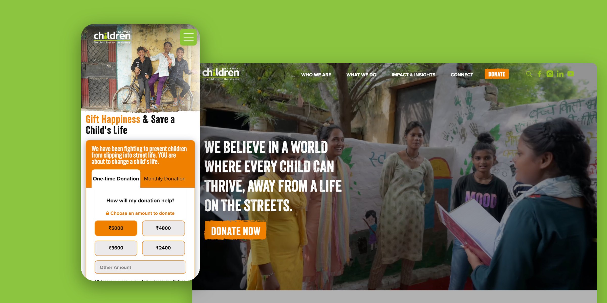 The Railway Children India website: the Protect These Smiles donation page on mobile beside the homepage on desktop