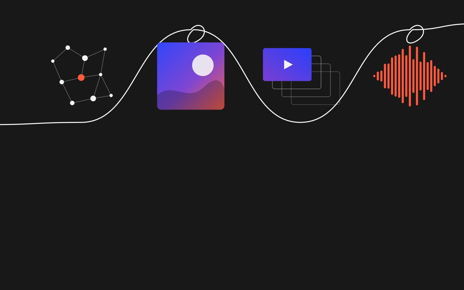 Conceptual illustration of ideas, imagery, video and audio joined in one workspace